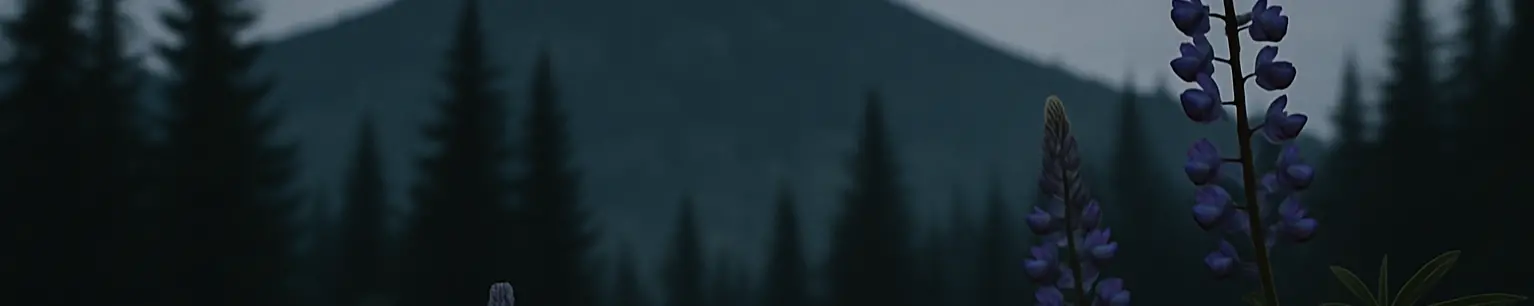 Dark landscape of mountains with trees and flowers
