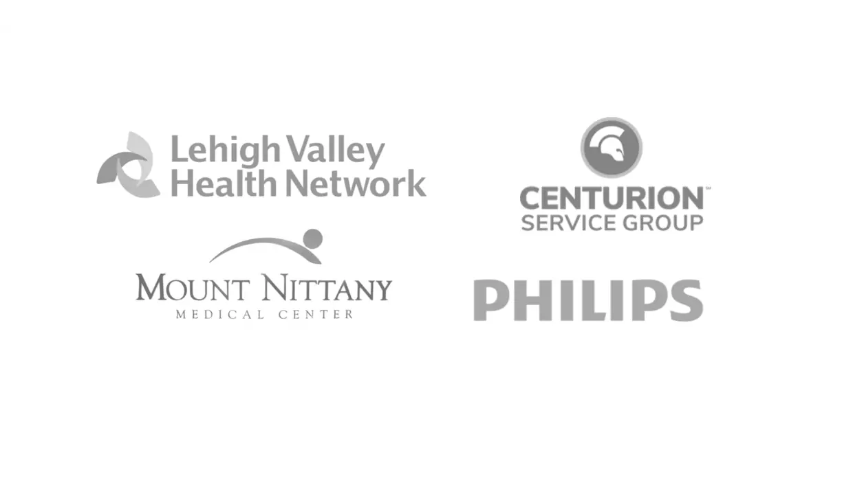 Logos of Lehigh Valley Health Network, Centurion Service Group, Mount Nittany Medical Center, and Philips
