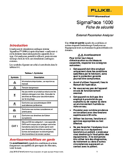 SigmaPace 1000 Safety Sheet in French