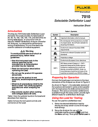 7010 Selectable Defibrillator Load Instruction Sheet