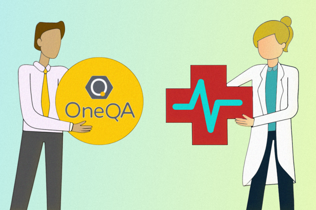 People holding icons for OneQA and red plus