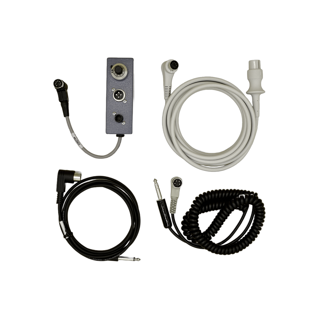 Two black cables, one white cable, one blue box with cable